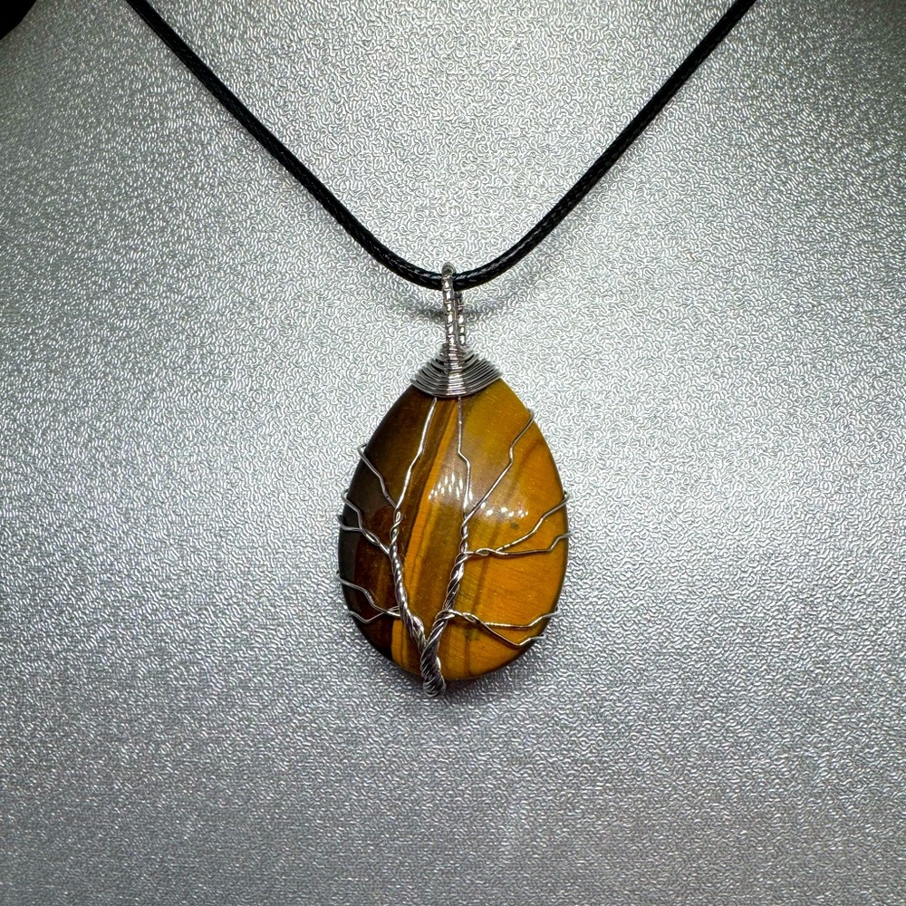 Elegant Tigers Eye Silver Wire Wrapped Pendant Necklace New Adjustable